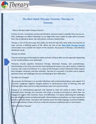 The Best Adult Therapy Toronto Therapy in Toronto