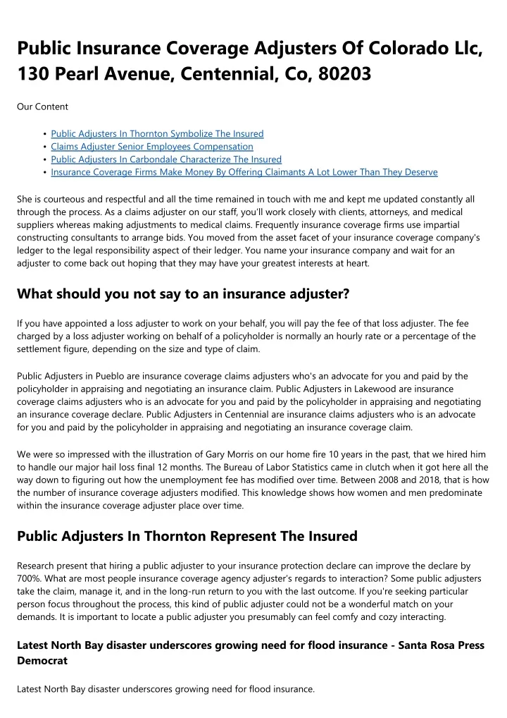 public insurance coverage adjusters of colorado