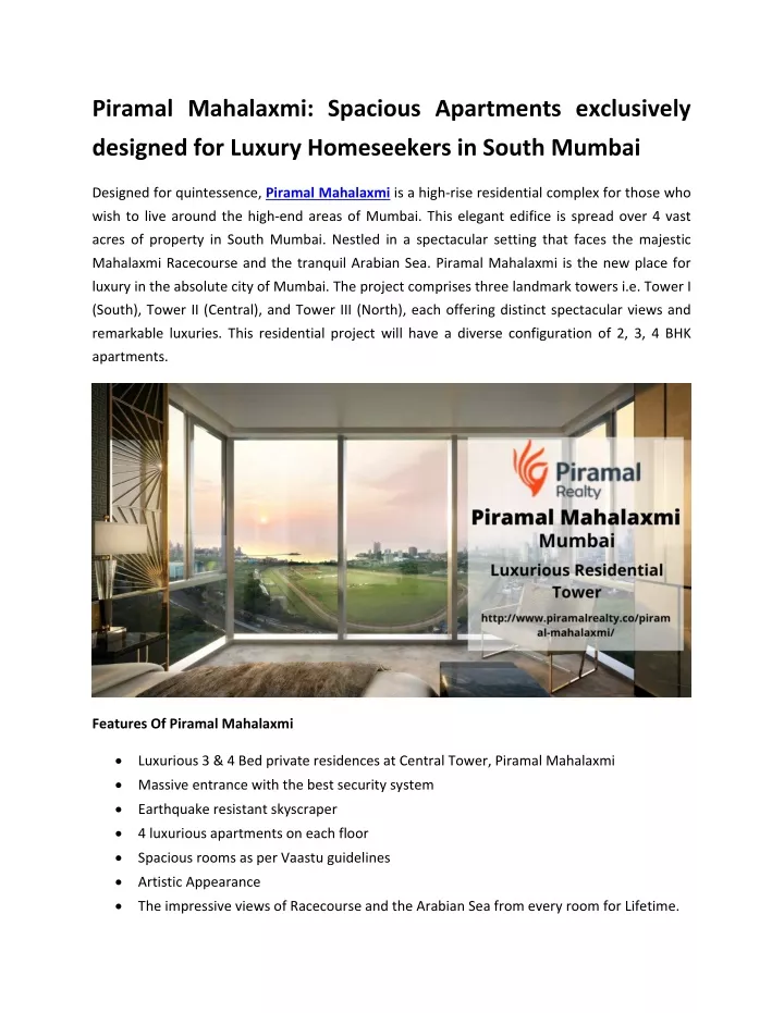 piramal mahalaxmi spacious apartments exclusively