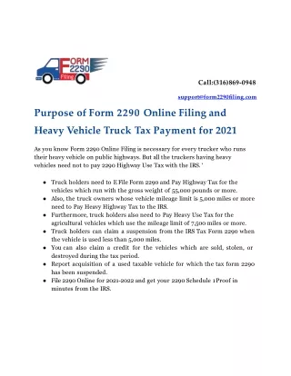 Purpose of Form 2290 Online Filing and Heavy Vehicle Truck Tax Payment for 2021