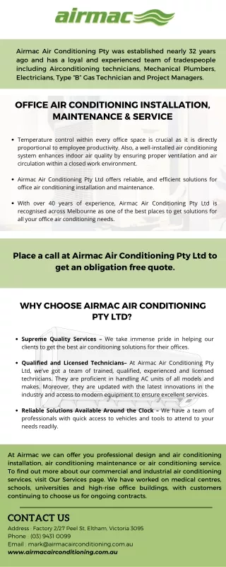 Office Air Conditioning Installation, Maintenance and Service