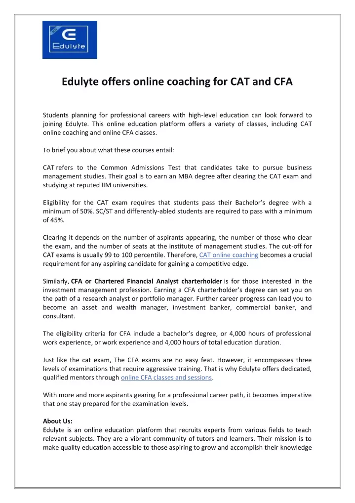 edulyte offers online coaching for cat and cfa
