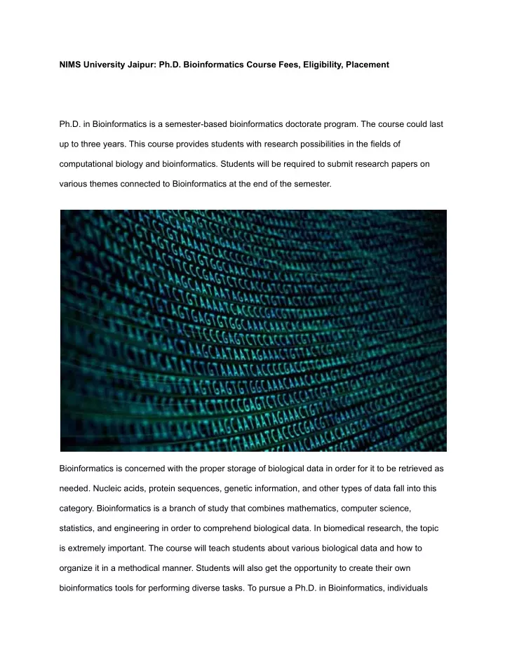 nims university jaipur ph d bioinformatics course