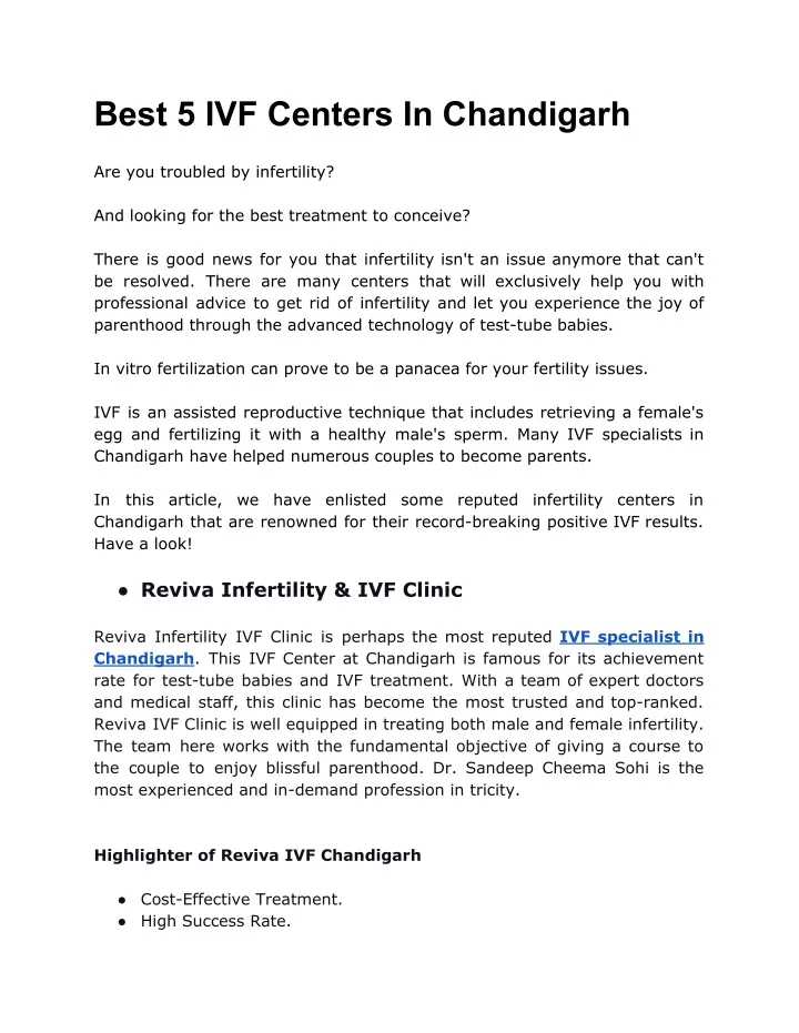 best 5 ivf centers in chandigarh