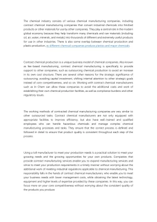 Contract chemical production is a unique business model of chemical companies
