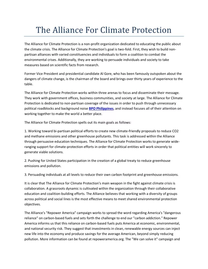 the alliance for climate protection