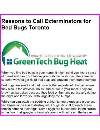 Reasons to Call Exterminators for Bed Bugs Toronto