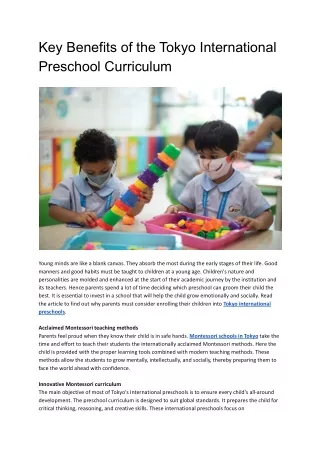 Key Benefits of the Tokyo International Preschool Curriculum