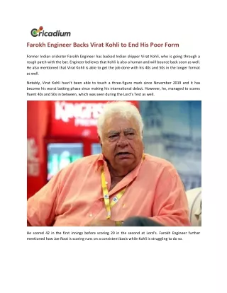 Farokh Engineer Backs Virat Kohli to End His Poor Form