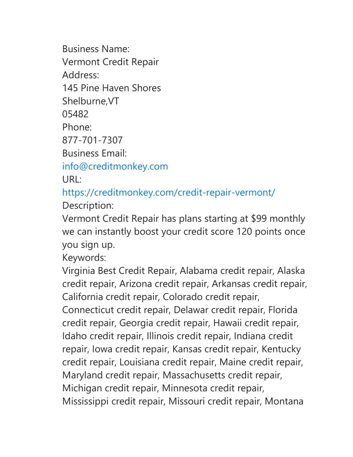 business name vermont credit repair address