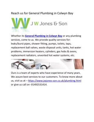 Reach us for General Plumbing in Colwyn Bay