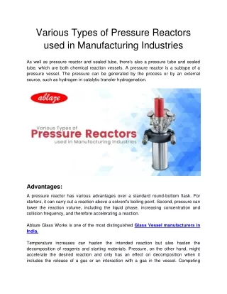 various types of pressure reactors used