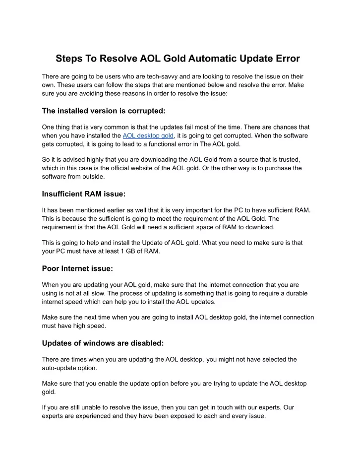 steps to resolve aol gold automatic update error
