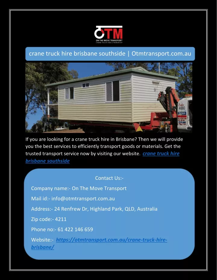 crane truck hire brisbane southside otmtransport