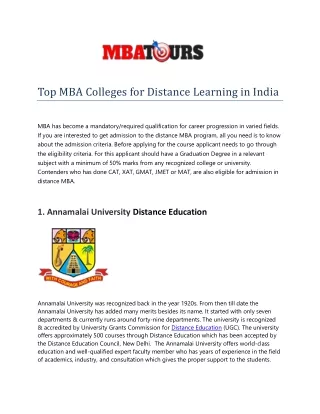 Top MBA Colleges for Distance Learning in India