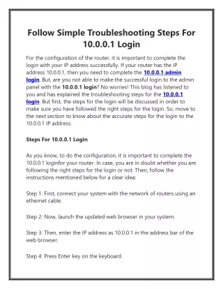 Follow Simple Troubleshooting Steps For 10.0.0.1 Login