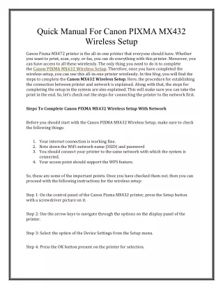 Quick Manual For Canon PIXMA MX432 Wireless Setup