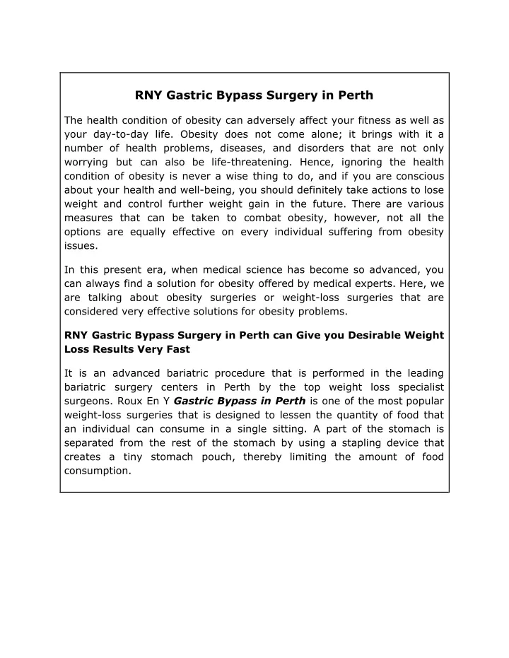 rny gastric bypass surgery in perth