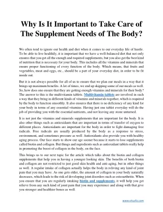 Why Is It Important to Take Care of The Supplement Needs of The Body?