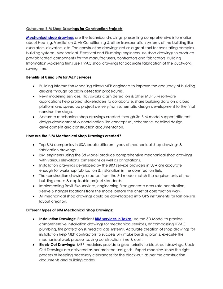 outsource bim shop drawings for construction