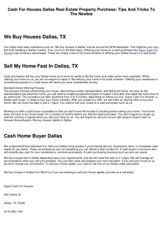 Sell My Houses Fast Dallas Real-estate Investment: Tips And Tricks For Your Newbie