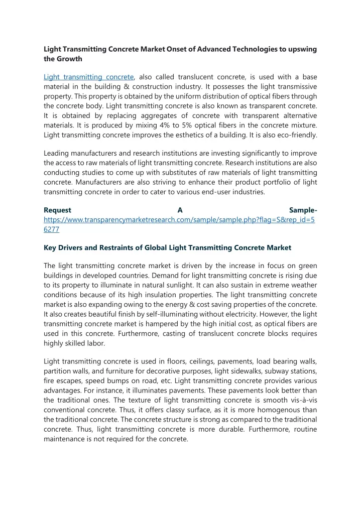 light transmitting concrete market onset