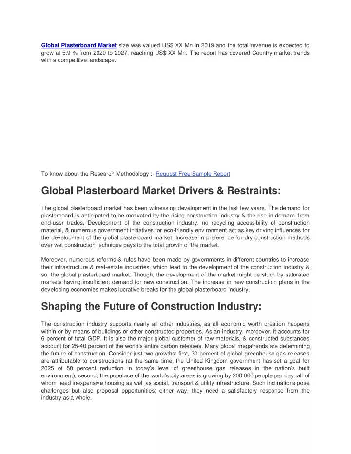 global plasterboard market size was valued