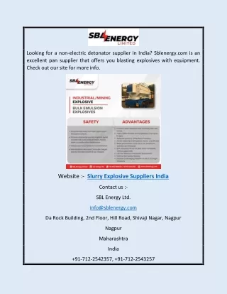 Slurry Explosive Suppliers India | Sblenergy.com