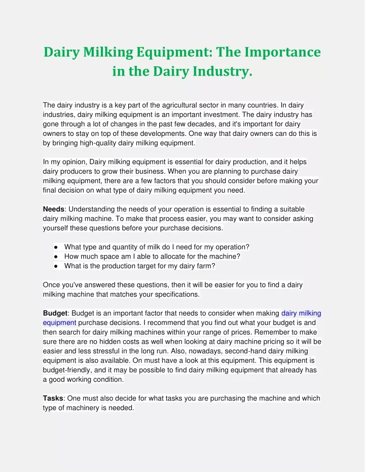 dairy milking equipment the importance