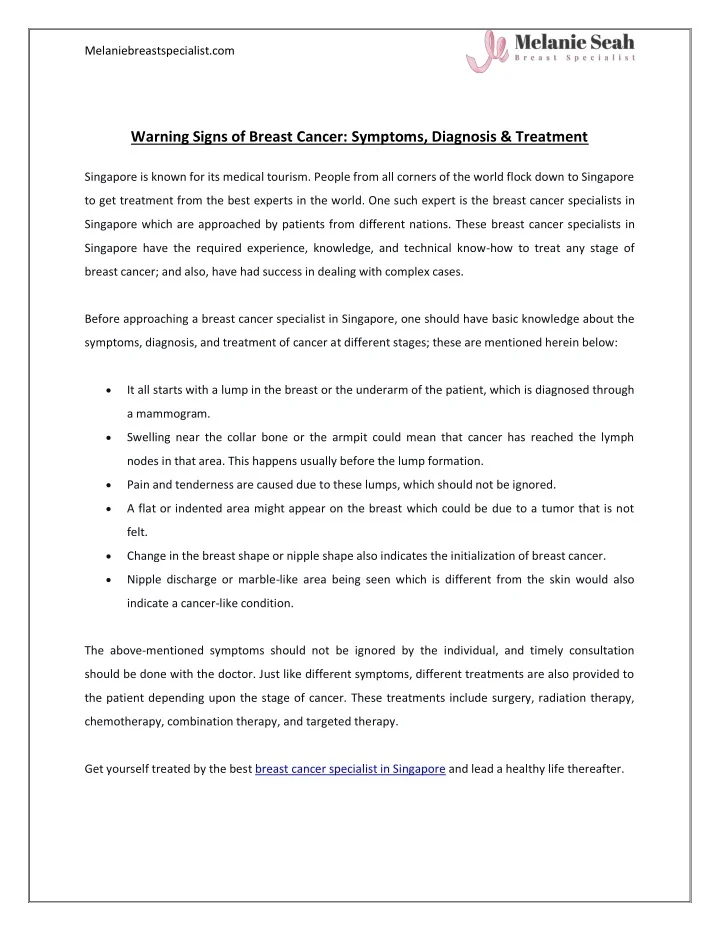 PPT - Warning Signs of Breast Cancer Symptoms, Diagnosis & Treatment ...
