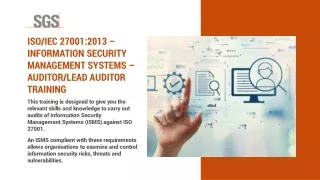 ISO/IEC 27001:2013 – Information Security Management Systems – Auditor/Lead Audi