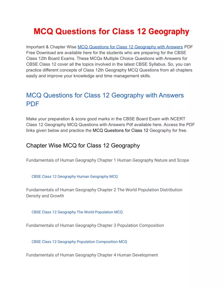 mcq questions for class 12 geography