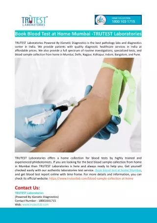 Book Blood Test at Home Mumbai -TRUTEST Laboratories