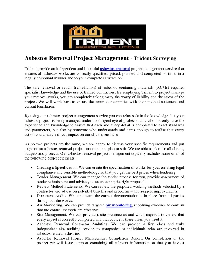asbestos removal project management trident