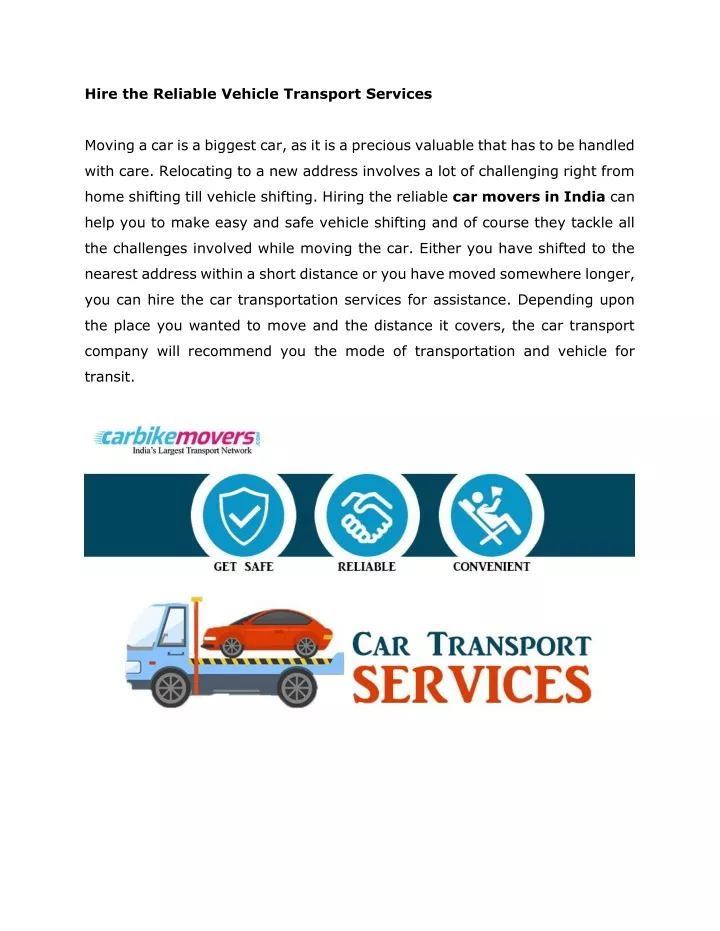 hire the reliable vehicle transport services