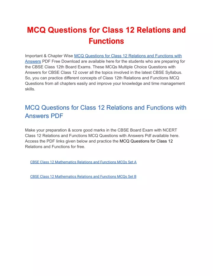 mcq questions for class 12 relations and functions