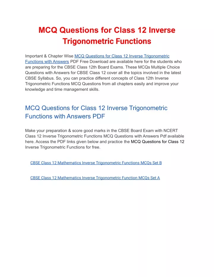 mcq questions for class 12 inverse trigonometric