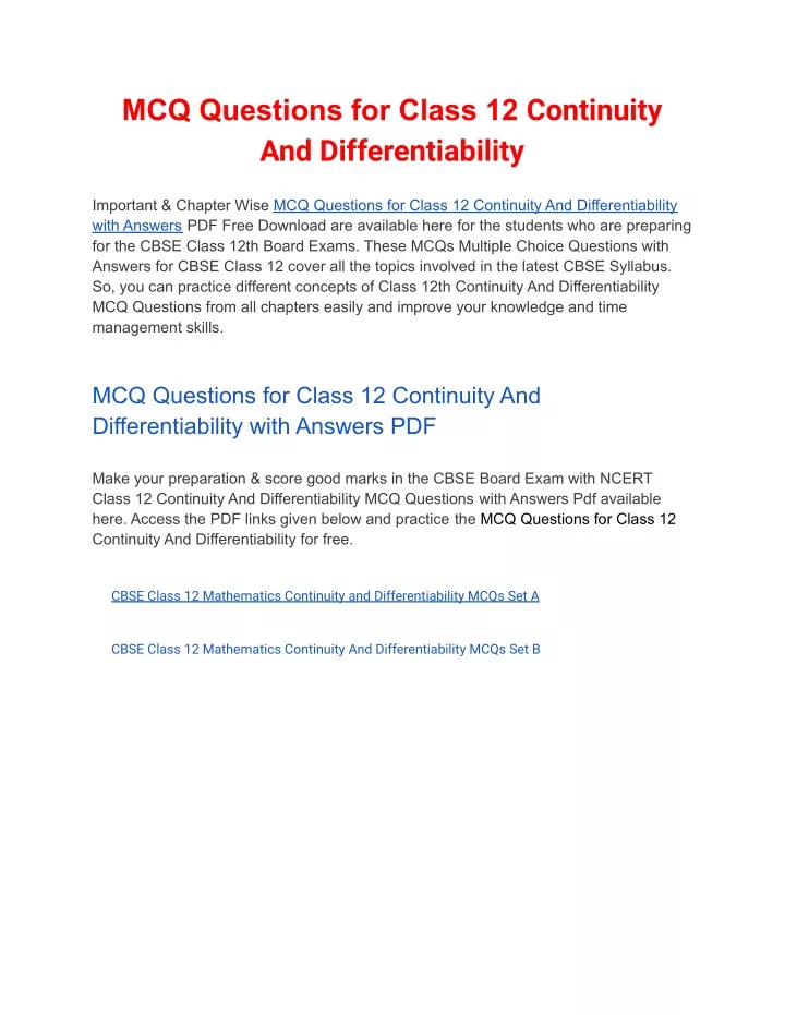 mcq questions for class 12 continuity