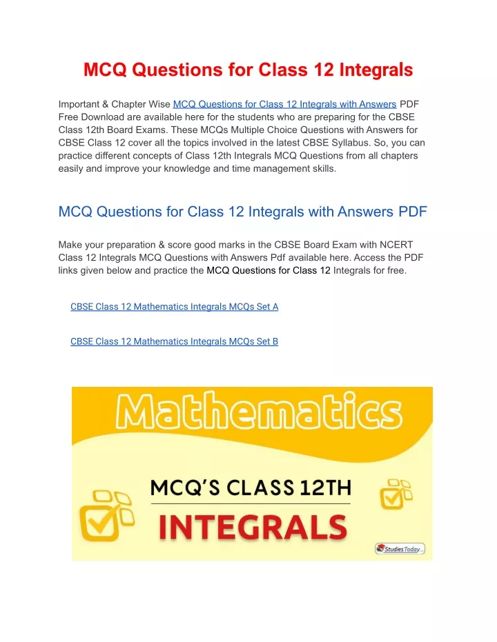 mcq questions for class 12 integrals