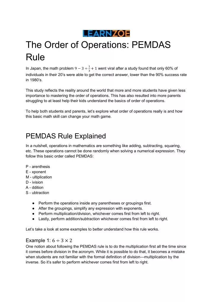 the order of operations pemdas rule