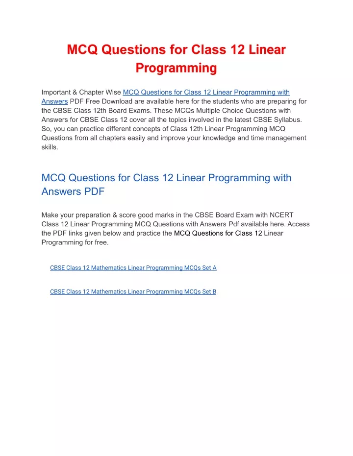 mcq questions for class 12 linear programming