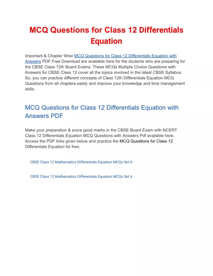 mcq questions for class 12 differentials equation