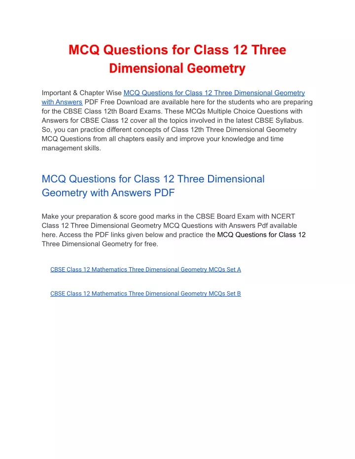 mcq questions for class 12 three dimensional