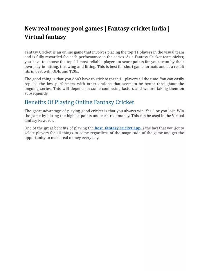 new real money pool games fantasy cricket india