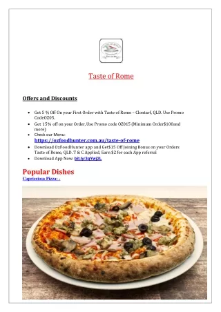 5% Off - Taste of Rome Pizza Clontarf Delivery, QLD