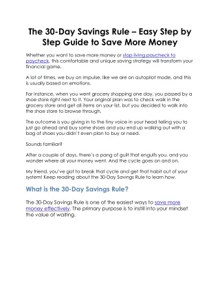The 30-Day Savings Rule - Easy Step by Step Guide to Save More Money