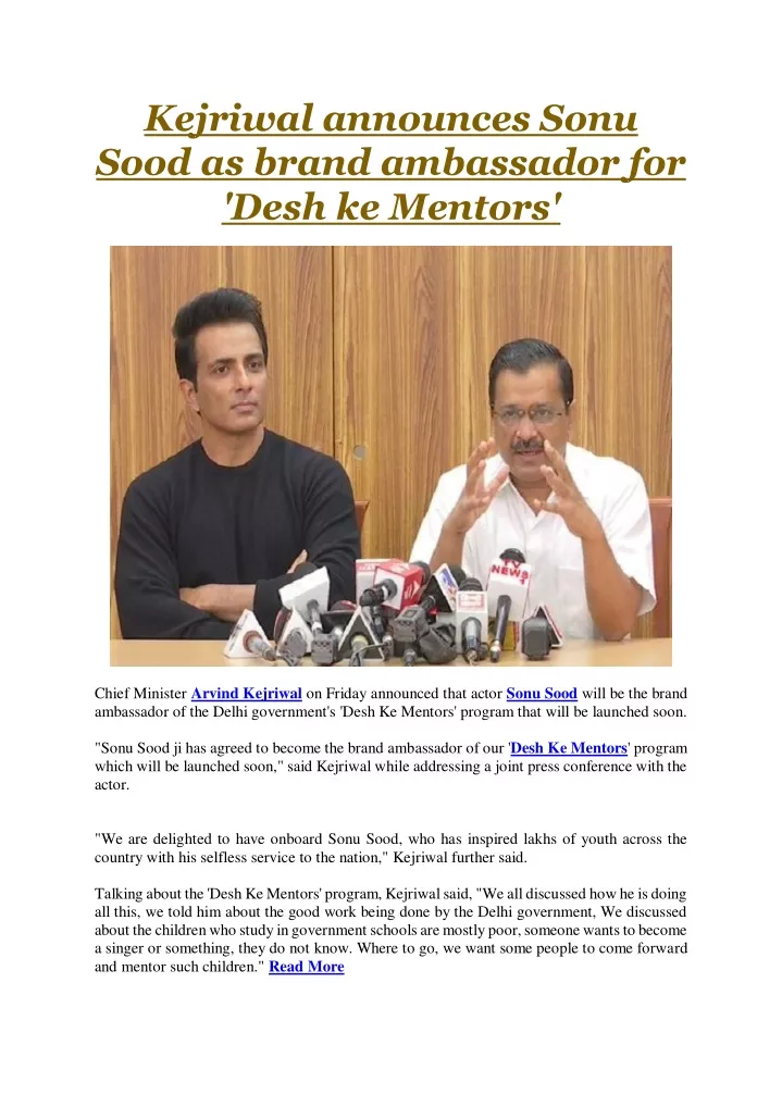 kejriwal announces sonu sood as brand ambassador