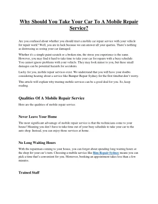 Why Should You Take Your Car To A Mobile Repair Service