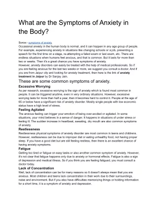 what are the symptoms of anxiety in the body
