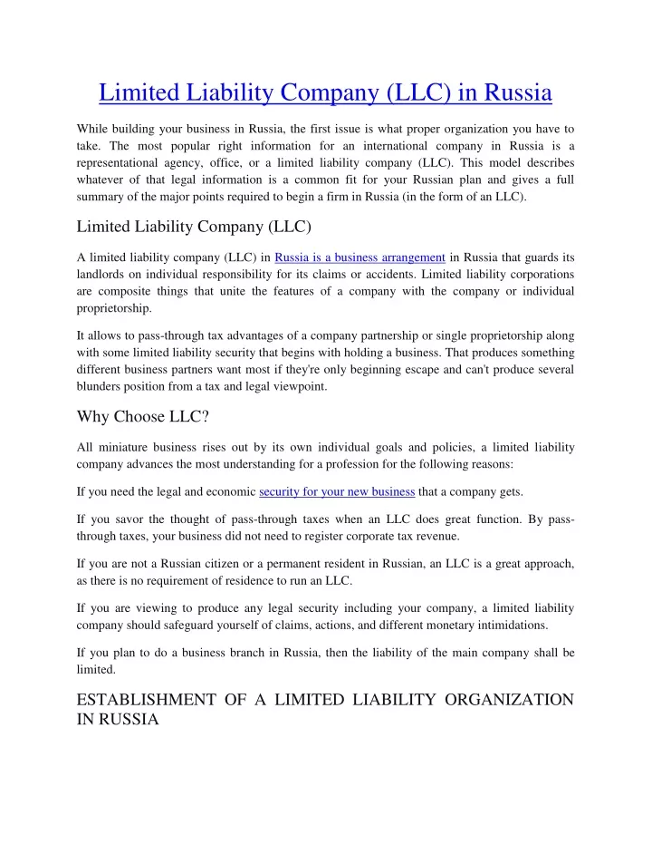 limited liability company llc in russia
